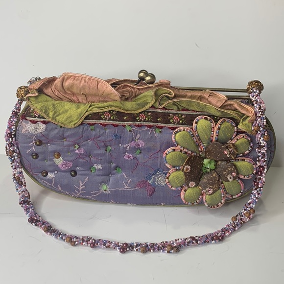 Mary Frances Handbags - Mary Francis beaded satin tapestry floral kisslock bag